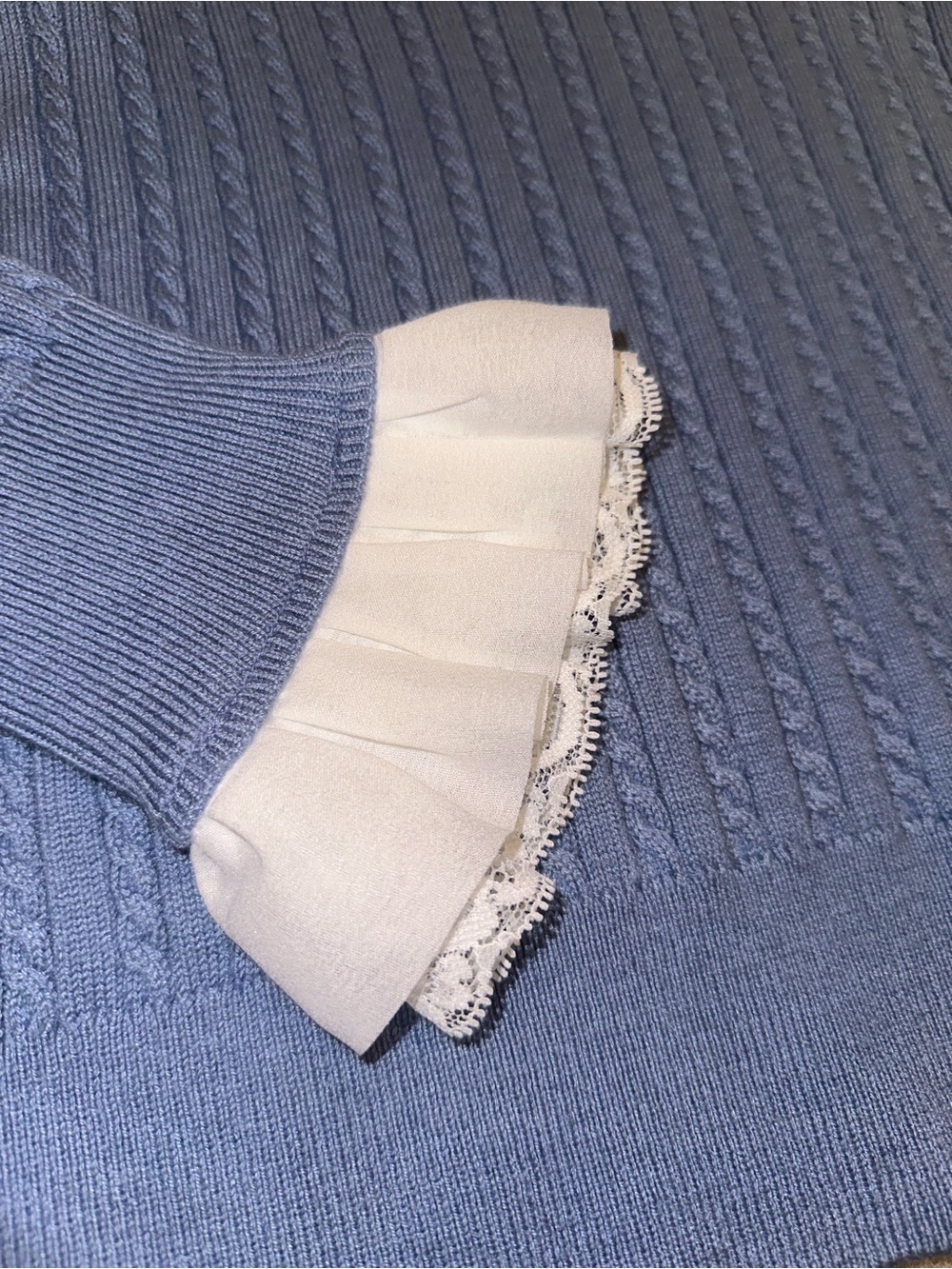 Wayf Light Blue Cable Knit Sweater with White Trim - Picture 3 of 5